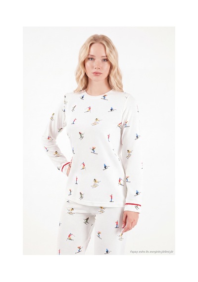 Lela Kış Temalı Bisiklet Yaka Uzun Kollu Pijama Takımı Kadın Pijama Takımı 6575019 Ekru
