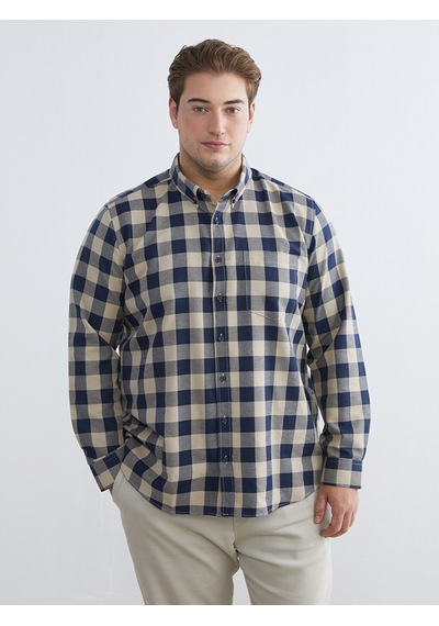 Lcwaıkıkı Classic Bej Büyük Beden Regular Fit Uzun Kollu Ekose Gabardin Erkek Gömlek