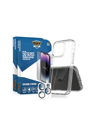 Buff Apple iPhone Uyumlu  14 Pro Max - 2x5d Ekran Koruyucu + Şeffaf Kılıf + Lens Koruyucu Glass