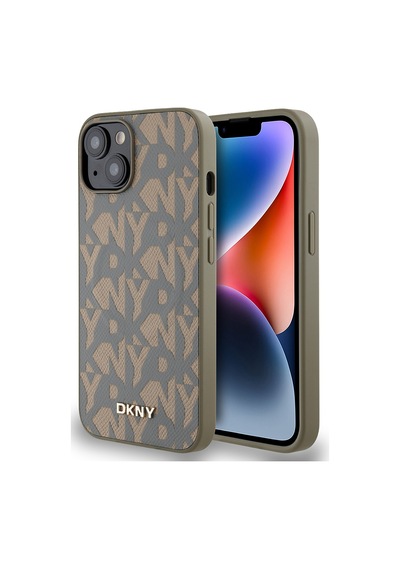 Apple Uyumlu iPhone 15 Kılıf Dkny Lisanslı M-safe Şarj Özellikli 3d Yazılı Grid Pattern Kapak Kahverengi
