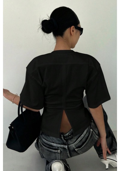 Kadın Siyah Kısa Kollu Sırt Dekolteli Slim Fit Bluz/t-shirt Siyah