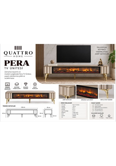 Pera Elektrikli Şömineli Tv Ünitesi 160 Cm Kumsal Bej Gold Metal Ayaklı Modern Tv Sehpası