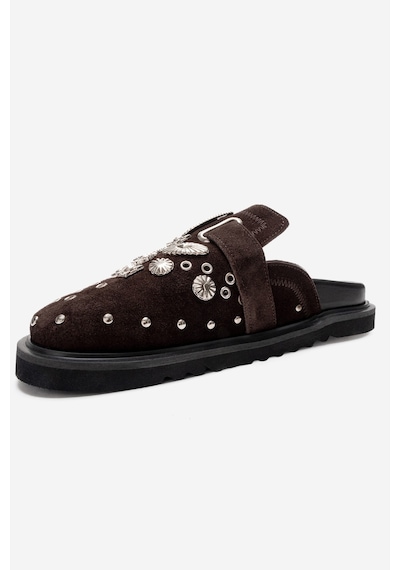 Luvishoes Maril Kahverengi Süet Hakiki Deri Kemerli Tokalı Burnu Kapalı Kadın Terlik Kahverengi