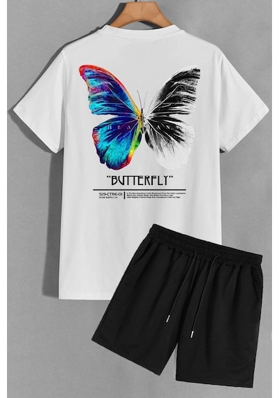 Uyguntarz Butterfly Sırt Baskılı Şort T-shirt Eşofman Takımı Beyaz