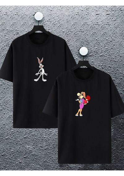 Unisex Kadın Erkek Bugs Bunny Ve Lola Baskılı Sevgili Çift Kombini Tasarım Oversize T-shirt 2'li Set Siyah1 Mck2096 Siyah