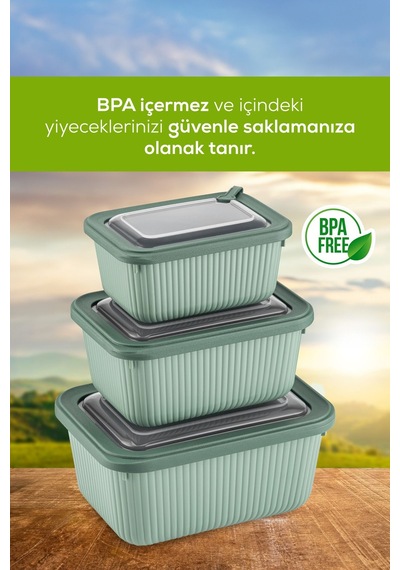 Vienev 3'lü Vip Dikdörtgen Mikrodalga Ve Difrize Uygun Saklama Kabı Seti Yeşil 1x 1750,1050,600 Ml Yeşil