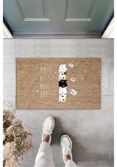 Kahverengi Kapı Önü Paspası Have A Nice Day Kedicikler Desen K-3241 Renkli