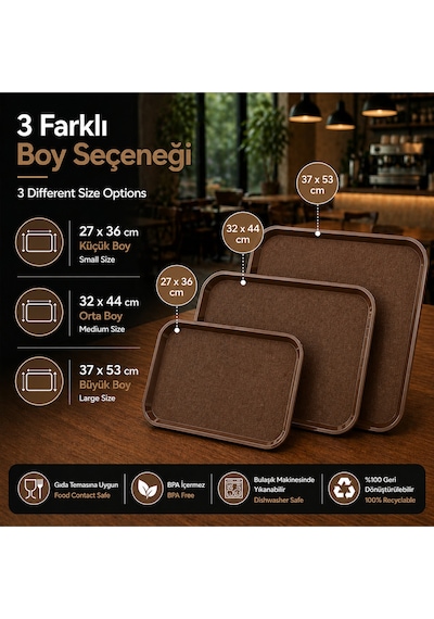 6 Adet Abs Servis Tepsisi Kaymaz Yüzeyli 32x44 Cm Kahverengi Renk Endüstriyel Kullanıma Uygun, Kırılmaz, Bpa Free 7 Renk Seçenekli