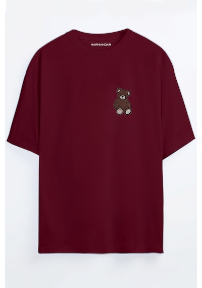 Ayıcık Baskılı Bordo - Mavi Oversize T-shirt Bordo