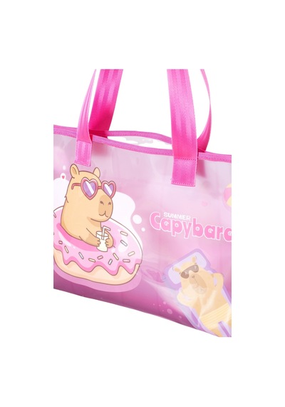 Capybara Figürlü Plaj Çantası Şeffaf Yüzeyli, Geniş Hacimli Pembe