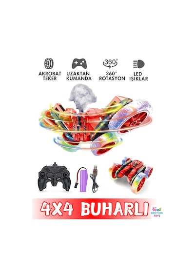 Buharlı Sprey Atan Uzaktan Kumandalı Full Fonksiyon Şarjlı Işıklı 360 Duman Püskürten Akrobat Araba Çok Renkli