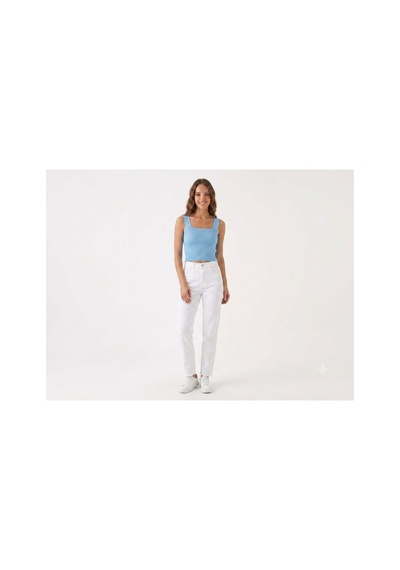 Onno Style Women Kolsuz Askılı Kare Yaka Fitilli Triko Kadın Bluz Mavi