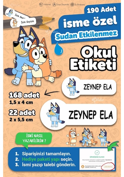 Okul Etiketi Kalem Defter İsimli Etiket Isim Yazılabilen Bluey Temalı - 190 Adet Özel Yeni Tasarım