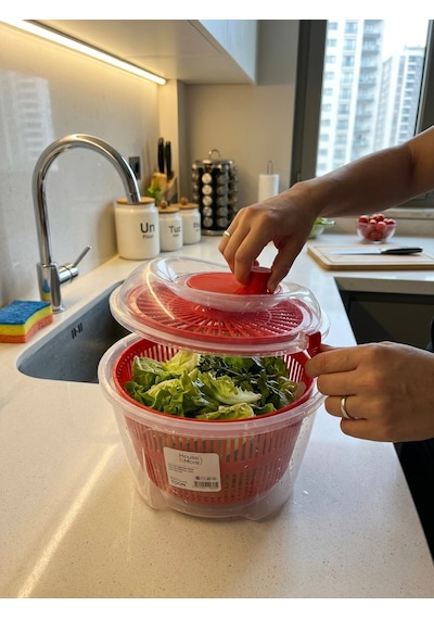 House & More 4.4 Litre Büyük Boy Sebze Meyve Kurutucu Süzgeçli Salata Dönencesi 3 Renk Kırmızı