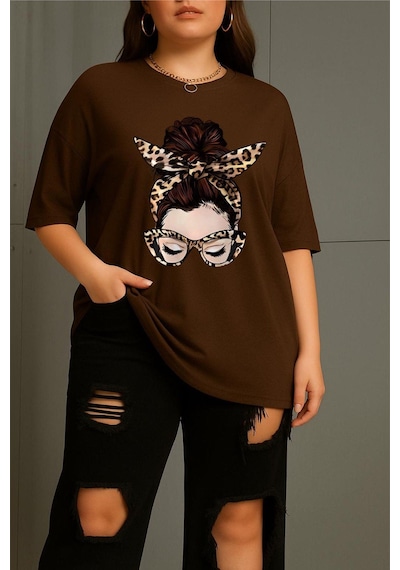 Ceny Kadın Büyük Beden Battal Baskılı Bisiklet Yaka Pamuklu T-shirt Rahat Kesim Unisex Sevgili Kombini Kahve