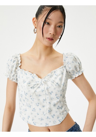 Koton Çiçekli Balon Kol Bluz Crop Fiyonklu Fırfır Detaylı Mavi Desenli 4sal60168ıw