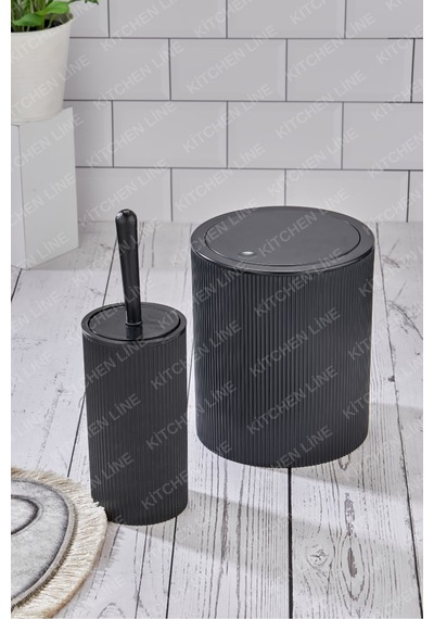 Yuvarlak Çöp Kovası & Yuvarlak Tuvalet Fırçası Seti Ikili Banyo Seti Siyah Siyah