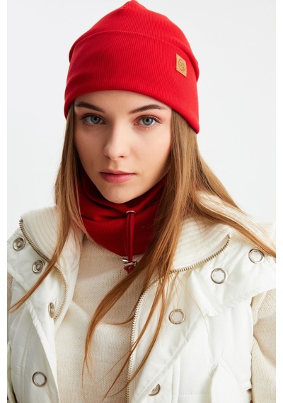 Butikgiz Kadın Balıkçı Style Pamuklu Kaşkorse Terletmez Ultra Hafif Yumuşak Bere Boyunluk Takım Kırmızı