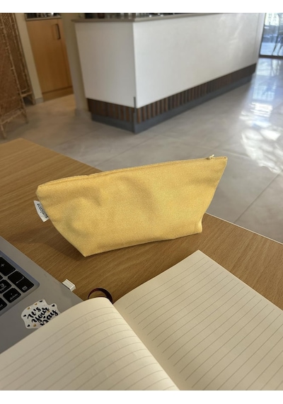 Soft Keten Yıkanabilir Fermuarlı Tek Gözlü Bez Kalemlik Kalem Kutusu Cüzdan Makyaj Çantası Sarı Genel