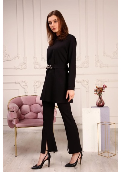 Bwest Zincir Kemerli Sade Basic Tunik Pantolon İkili Takım - 70007 - Siyah-458 Siyah