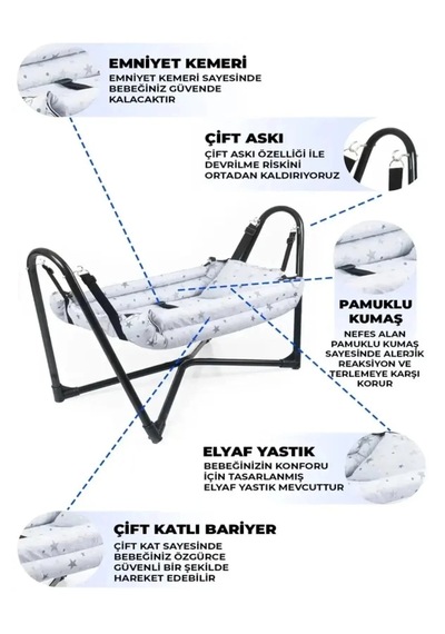Bebek Hamak Beşik Pamuklu Elyaf Dolgulu Çingen Beşiği Sabitlemeli Gri