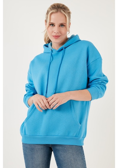 Lela Regular Fit Pamuklu Kapüşonlu Yaka Şardonlu Kışlık Bayan Sweat 5863854 Turkuaz
