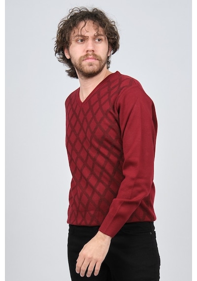 Pave Erkek V Yaka Desenli Yün Kazak 4539072 Bordo Bordo