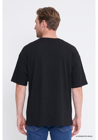Ac&Co / Altınyıldız Classics Erkek Sıyah %100 Pamuk Oversize Fit Rahat Kesim Bisiklet Yaka Basic Tişört Siyah