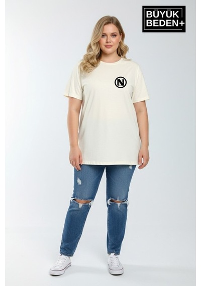 Superlife Kadın Büyük Beden N Baskılı 3xl-6xl Bisiklet Yaka Tshırt Spr26btsk510-19 Ekru