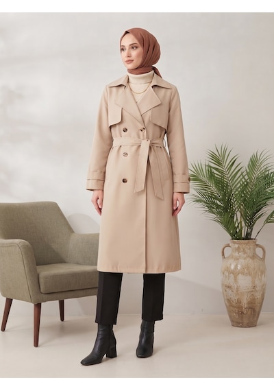 B.he.z Kruvaze Yaka Bondik Su İtici Kumaş Astarlı Trend Model Diz Altı Trençkot Taş