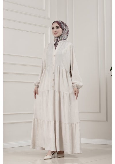 Sevitli Lilyum Kumaş Robalı Katya Elbise-bej-5816