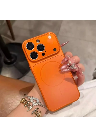 Apple Uyumlu iPhone 14 Pro Max Magsafe Kılıf 17 Pro Max Kamera Görünümlü Lens Korumalı Kapak Turuncu