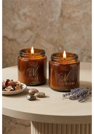 2 Li Amber Cam Kavanoz Aromaterapi Mum Seti Vanilya & Sandal Ağacı %100 Doğal Soya Kapaklı 100 Cc Amber