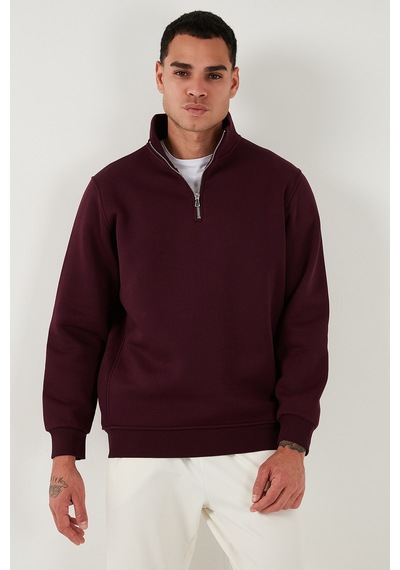 Buratti Pamuklu Regular Fit Yarım Fermuarlı Dik Yaka Erkek Sweat 59052592 Vişne