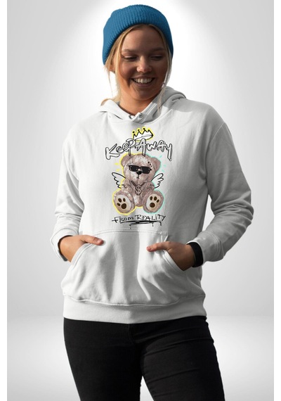 Gerçeklikten Uzak Tutun Kadın Erkek Beyaz Kapüşonlu Sweatshirt Hoodie Beyaz