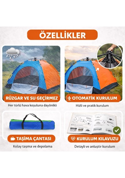 Büro Ev Ofis Kamp Keyfi İçin 250x250x165cm 5kişilik Otomatik Kurulum Sızdırmaz Doğa Çadırı Diğer