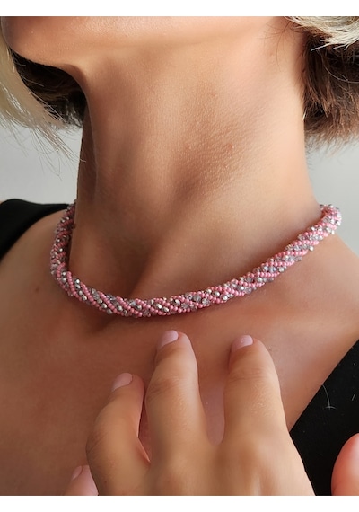 Etnik Bohem Sarmal Dönmeli Model Kristal Pembe Gümüş Taşlı Kristal Boncuk Kolye Pembe