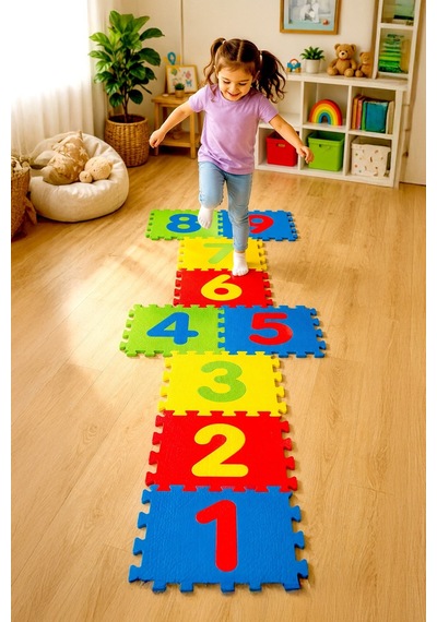 9 Parça Büyük Boy Eva Sayılı Puzzle Oyun Matı Rakamlı Çocuk Yer Matı Renkli Zemin Karosu
