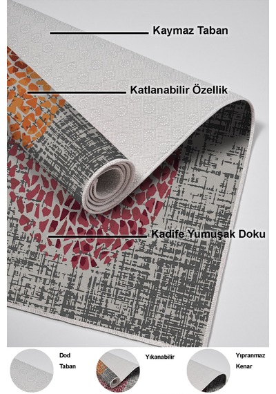 Dekoreko Kaymaz Taban Djt Banyo Halısı Trend Modern E4052 Krem Oranj Kırmızı