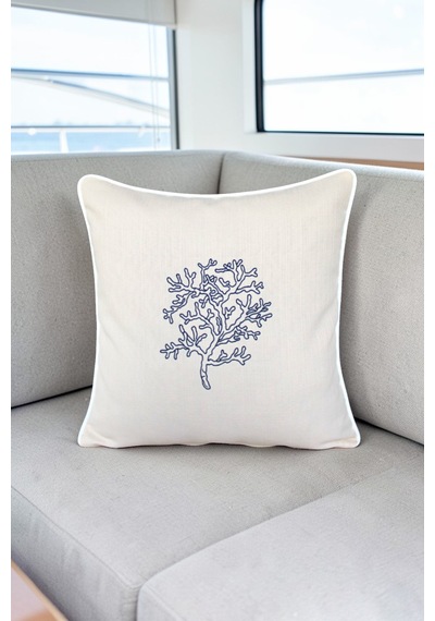 Kırlent Kılıfı 45x45 Marin Nakışlı Yosun Desen Su İtici Outdoor Keten Beyaz Biyeli Tekne Bahçe Krem