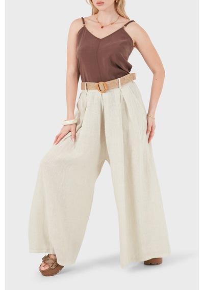 Via Dante Relaxed Fit Yüksek Bel Bol Paça Keten Pantolon Bayan Pantolon 7544 Bej