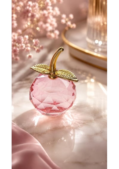 Pembe Kristal Elma Biblo Orta Boy 8.5 Cm Dekoratif Cam Elma Süsü Gold Yapraklı