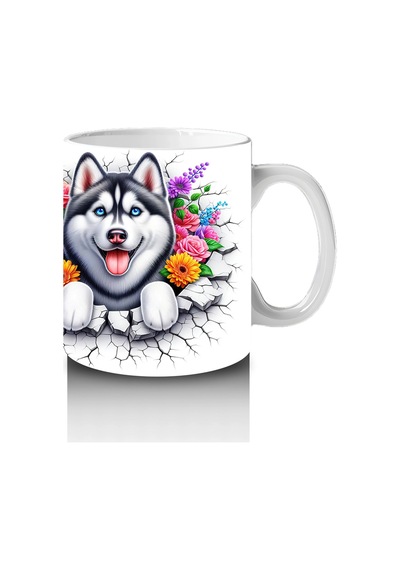Çiçek Taçlı Gülümseyen Husky Deseni Baskılı Kahve Kupası Renkli