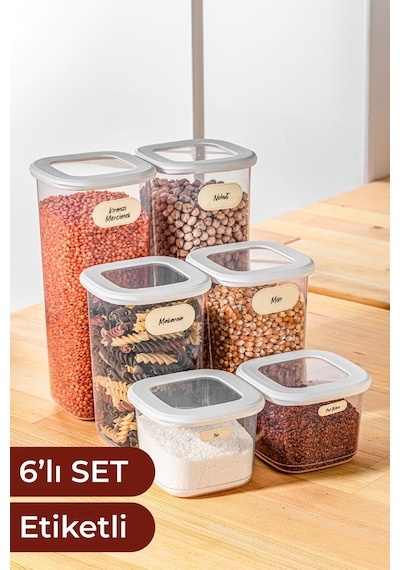 Vienev Etiketli Kare Erzak Saklama Kabı 6'lı Set 2x 0.55 L 1.2 L 1.75 L Beyaz