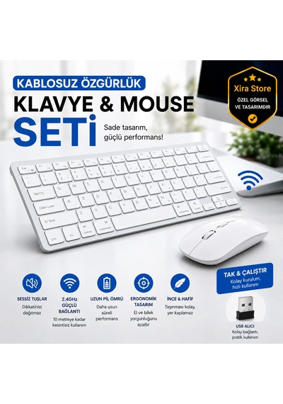 Kablosuz Klavye Mouse Seti Bluetooth Çoklu Cihaz Bağlantılı, Apple iOS Android Windows Macos Uyumlu, Ultra İnce Sessiz Klavye
