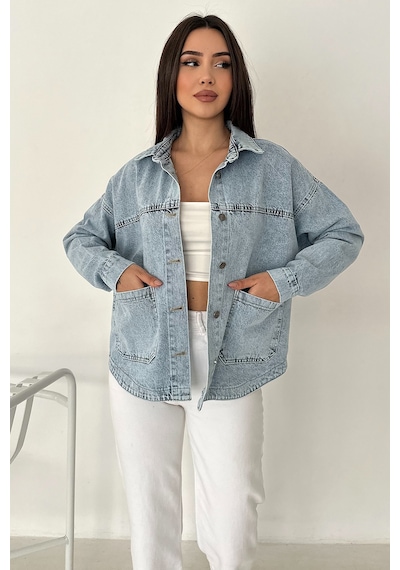 Kadın Cepli Düğmeli Denim Ceket Light Frame mavi