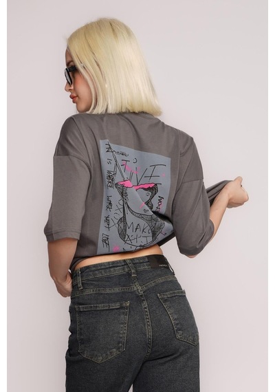 Füme Baskılı Oversize Tişört Mg1491