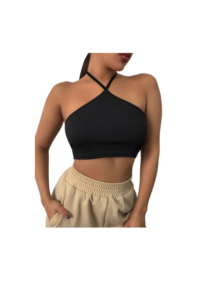 Liona Kadın Boyundan Bağlamalı Siyah Renk Crop Top Bluz 001