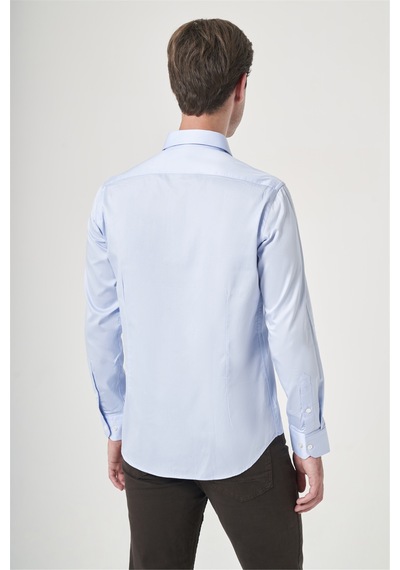 İmza Mavi Sert Yaka Uzun Kol Cepsiz Saten Slim Fit %100 Pamuk Gömlek 1004260424 Koyu Mavi