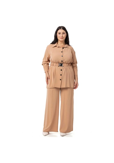 Disentis Büyük Beden Beli Kemerli Gömlek Pantolon Camel İkili Takım-camel Camel